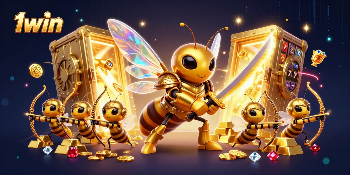 Engage in thrilling gameplay with 1win, showcased by the golden hornet samurai amidst shining casino treasures.