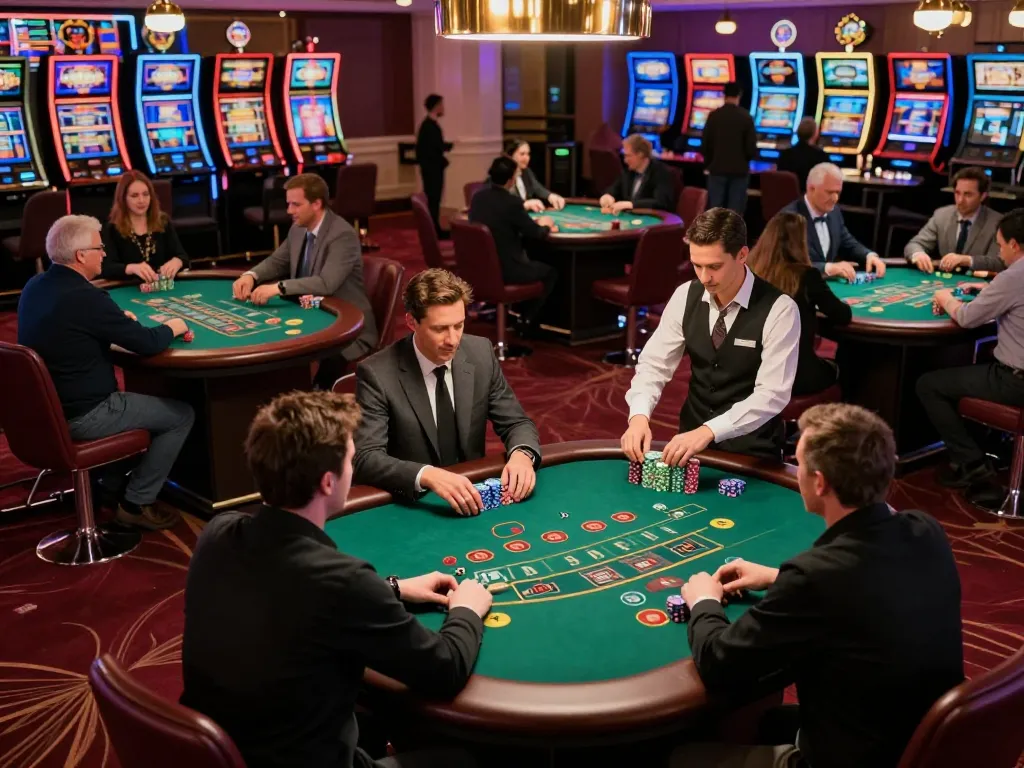 Sunwin players engaged in blackjack strategy at an upscale casino, vibrant ambiance with warm lighting