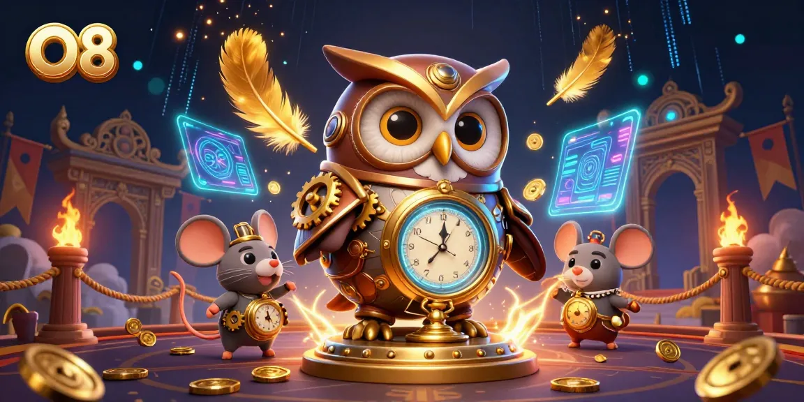 Experience thrilling gaming adventures at O8 as an owl and mouse explore a vibrant casino world.