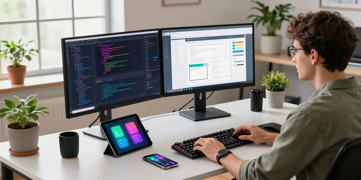 快连 software development workspace with dual monitors, coding environment, and natural light in a modern office