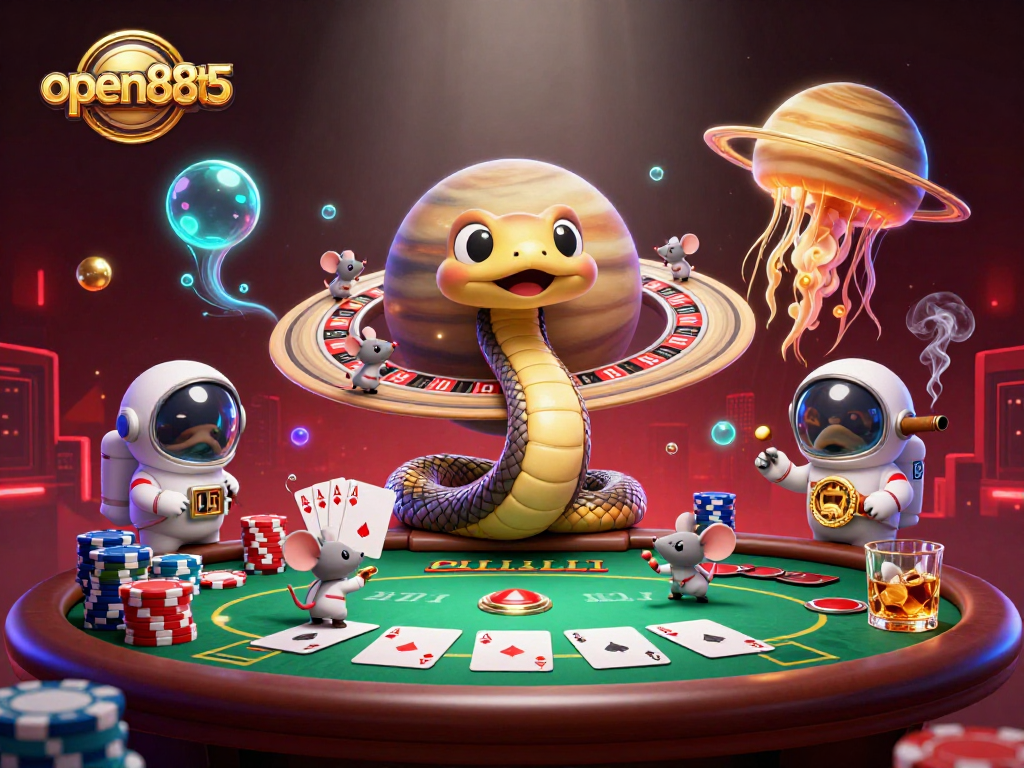 Engage in thrilling bets at open88t5 with a festive cosmic casino scene featuring playful astronaut mice.