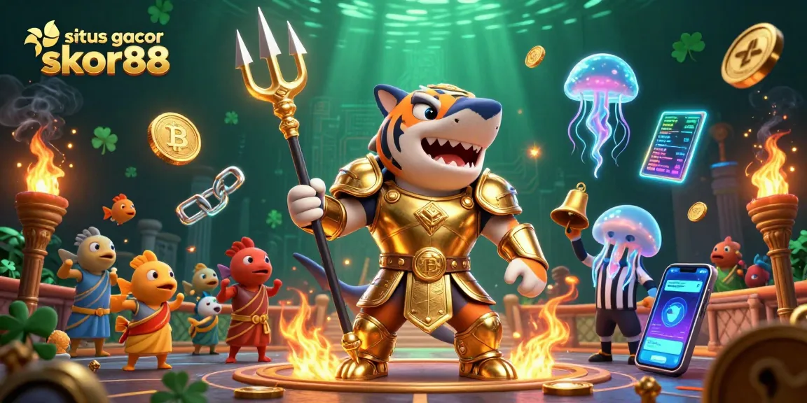 Engaging gambling scene showcasing situs gacor skor88 with a cartoon tiger shark and crypto elements
