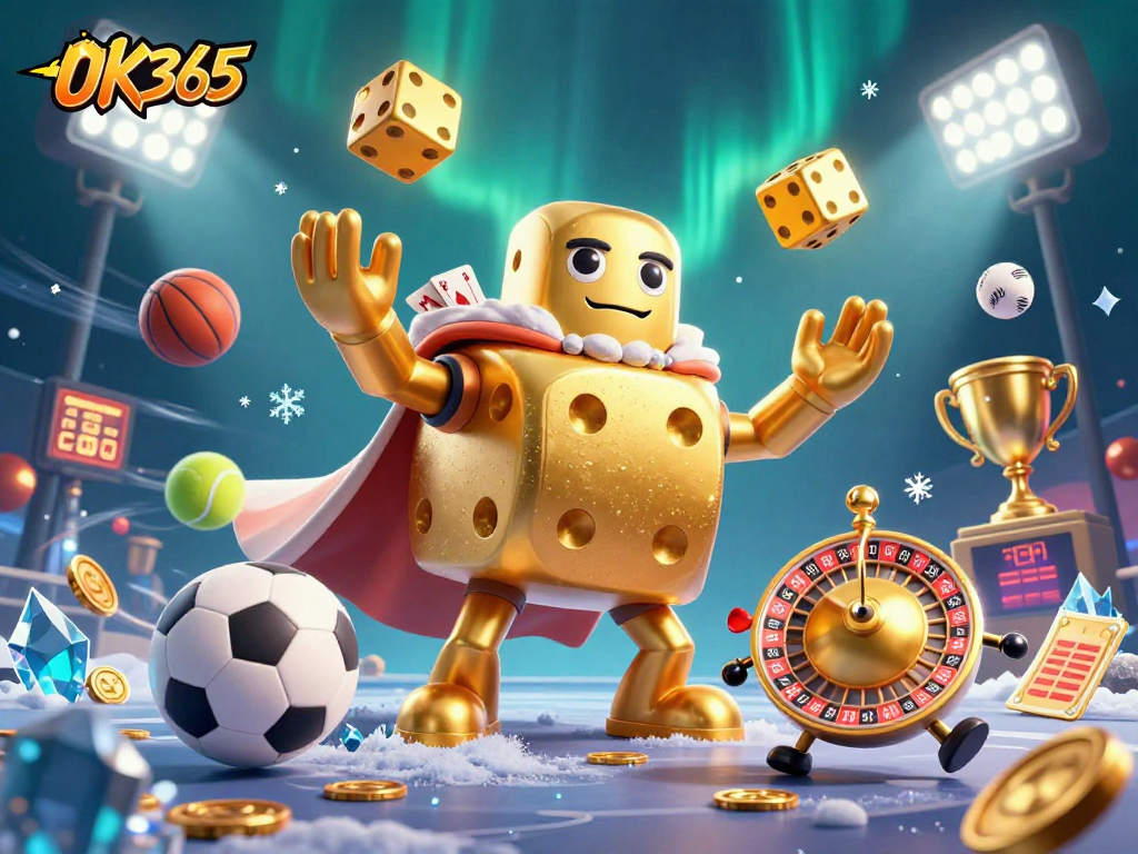Engage with OK365 as golden dice and sports elements create a thrilling casino atmosphere.