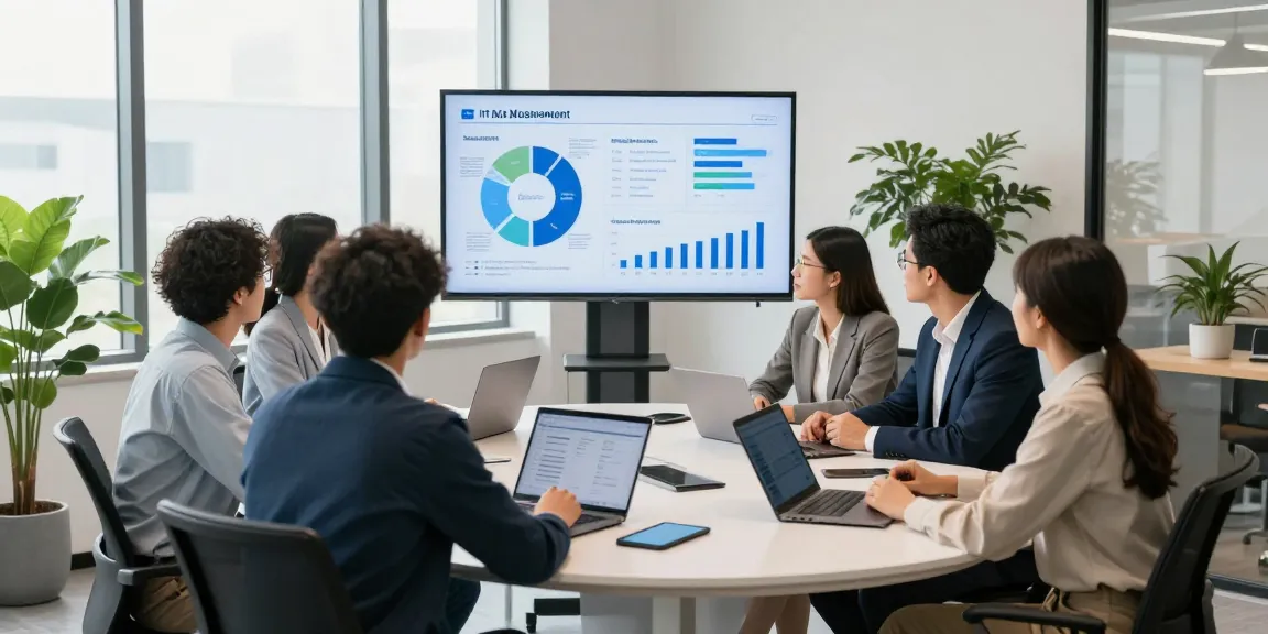 Team discussing it support services for small business in a modern office environment with technology.