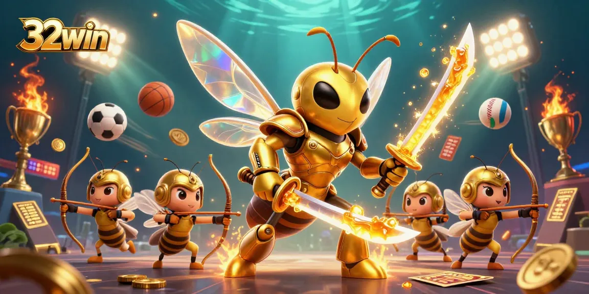Betting on 32win with dynamic sports elements, showcasing a golden hornet in 3D.