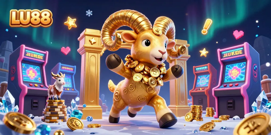LU88 ram charges through a golden gate, surrounded by arcade games and casino elements, celebrating gaming excitement.