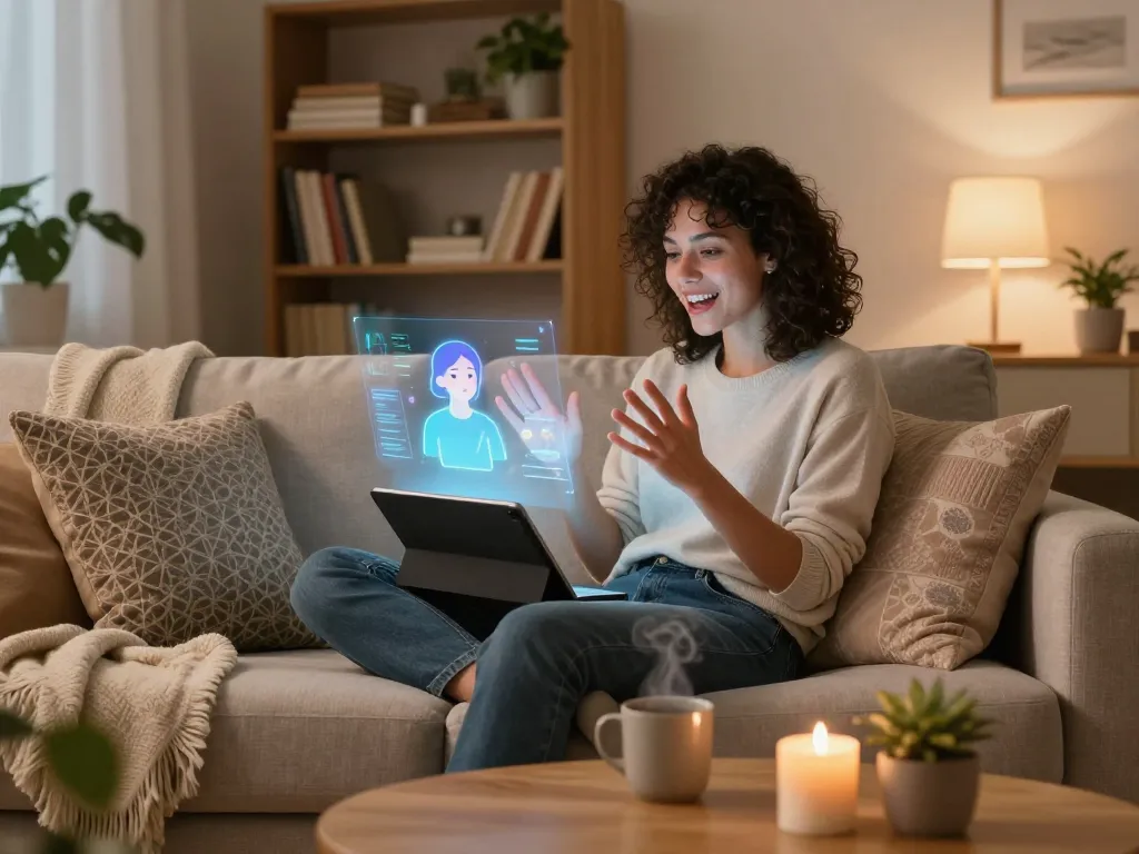 Engaging in free ai sex chat on a tablet in a cozy living room setting.