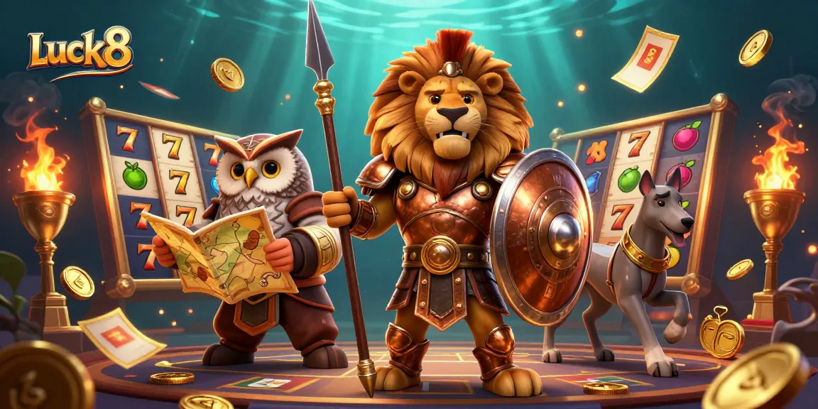 Engage with Luck8 in a thrilling gaming scene with dynamic slot machines and rich casino elements.