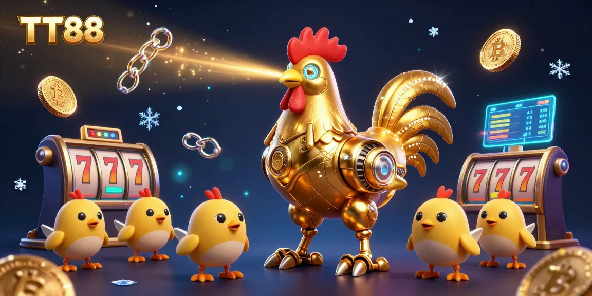 Engage with TT88’s exciting gaming experience featuring a golden rooster robot and baby chick drones amidst dynamic casino elements.