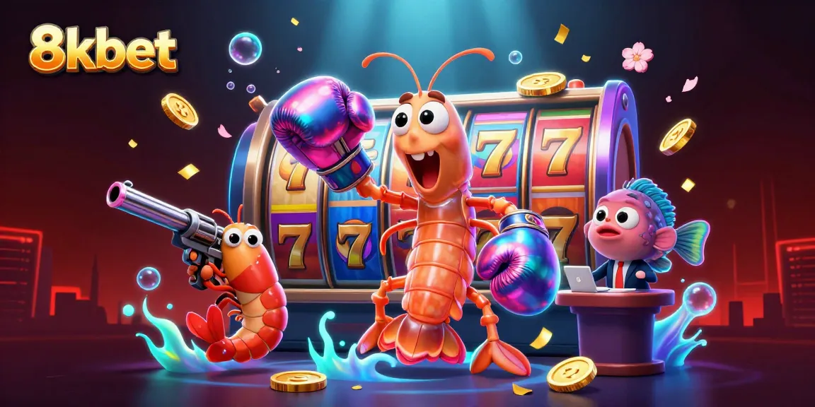 Engage with 8kbet's exciting gaming world featuring vibrant underwater characters and slot elements.