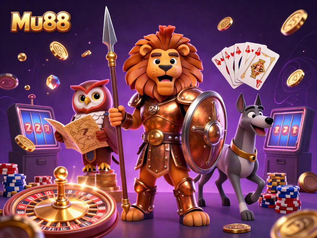 Experience thrilling gameplay with Mu88 in a vibrant, dynamic casino scene featuring a Spartan lion and treasures.