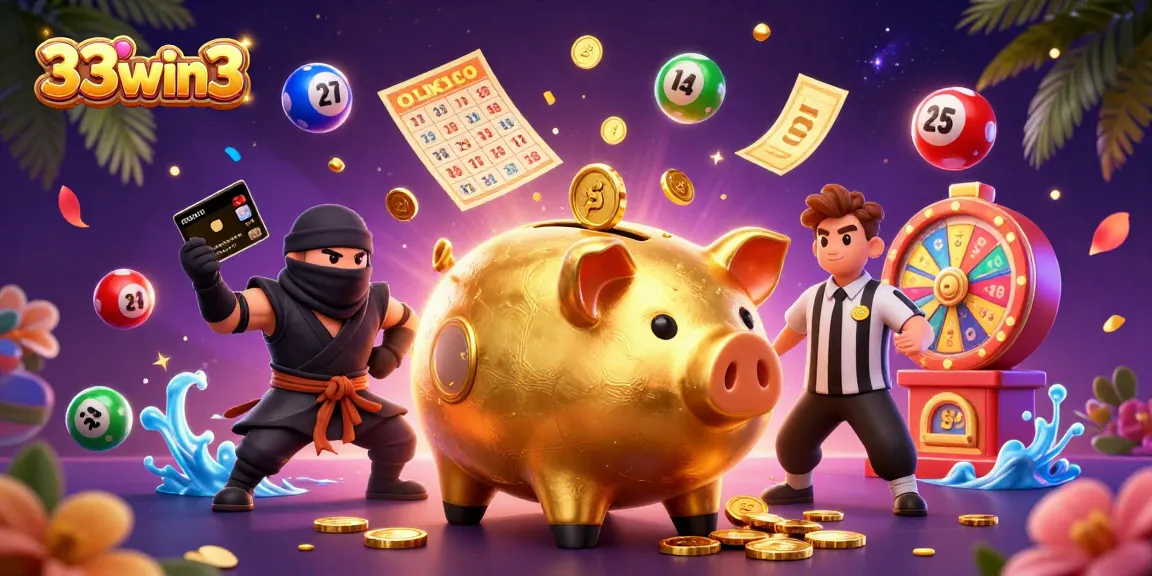 33win3 features an energetic scene with a golden piggy bank wrestler, ninja, and samurai in a vibrant casino setting.