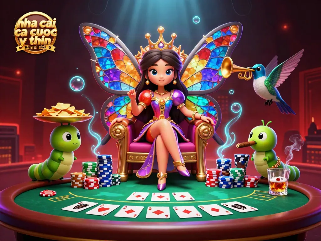 Experience the enchanting world of nha cai ca cuoc uy tin đáng chú ý through this vibrant 3D illustration featuring a butterfly queen and poker elements.