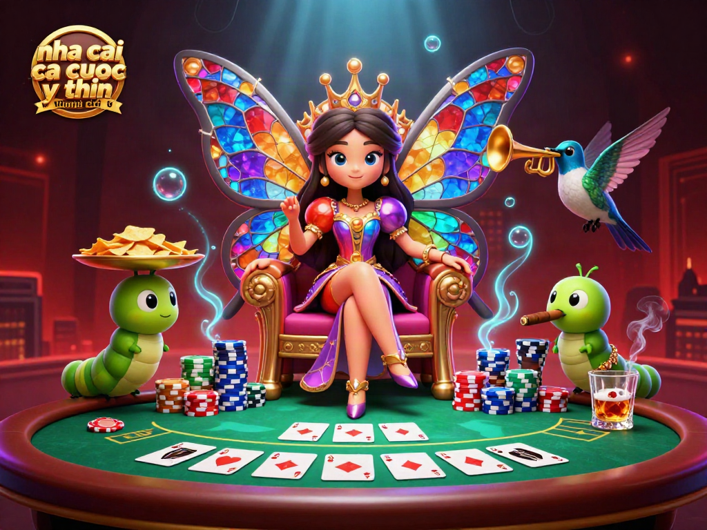 Experience the enchanting world of nha cai ca cuoc uy tin đáng chú ý through this vibrant 3D illustration featuring a butterfly queen and poker elements.