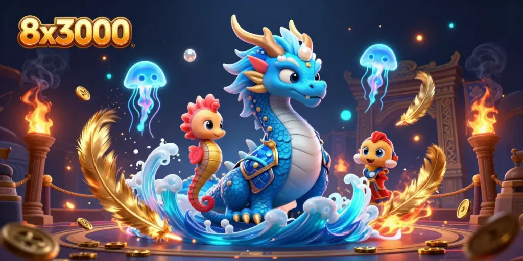 Engage in thrilling bets with 8x3000 featuring a majestic dragon and vibrant seahorse knight.
