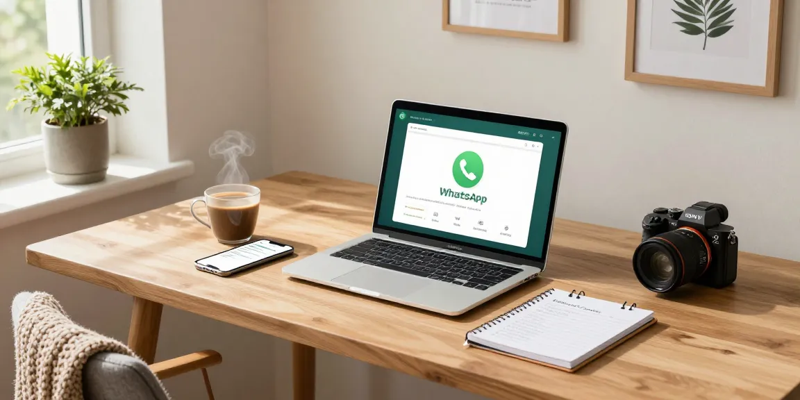 Home office user engaging with WhatsApp網頁版 on a laptop, cozy workspace.