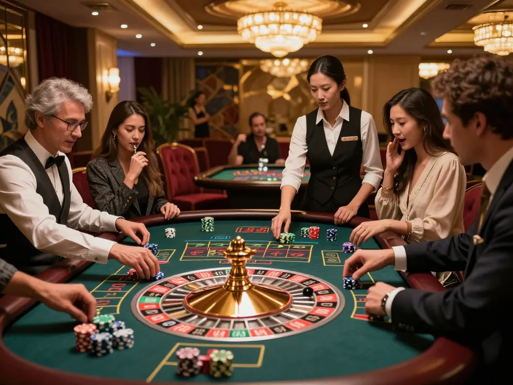 Nohu casino scene with excited players placing bets at a roulette table in a luxurious setting.