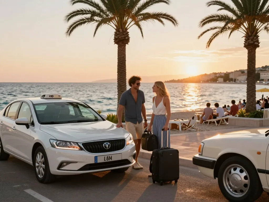 Taxi St Tropez aidant les voyageurs sur la plage avec des bagages pendant le coucher de soleil.
