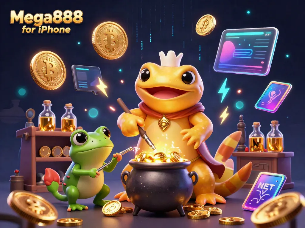 Experience Mega888 for iPhone in a dynamic, golden alchemist-themed 3D illustration.