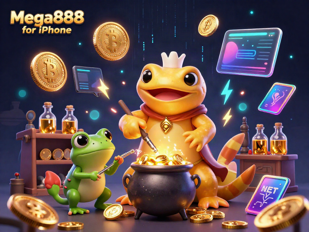 Experience Mega888 for iPhone in a dynamic, golden alchemist-themed 3D illustration.