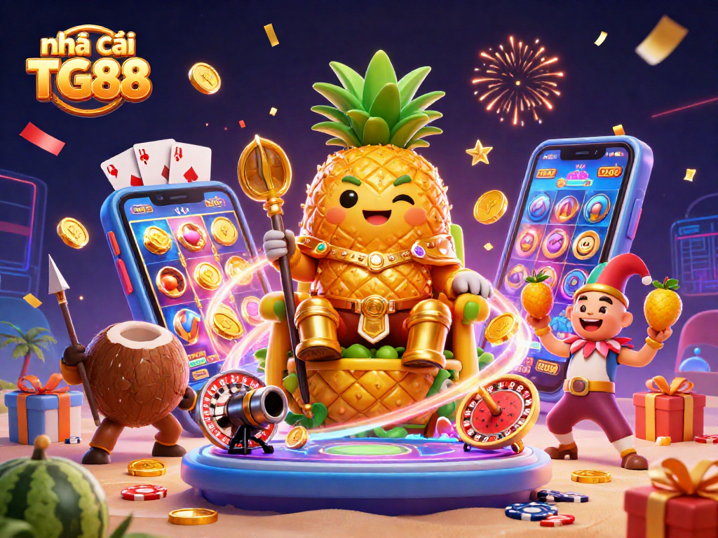 Play thrilling games at nhà cái TG88 with exciting slot reels and engaging beach casino characters.