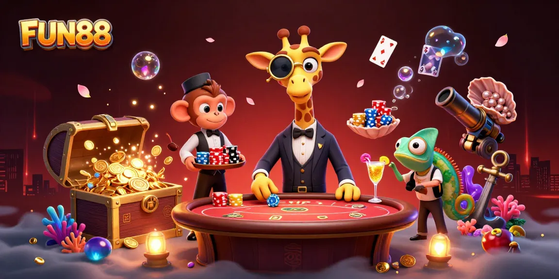 Experience FUN88's vibrant gaming scene with a high-roller giraffe and playful characters amidst gold treasures