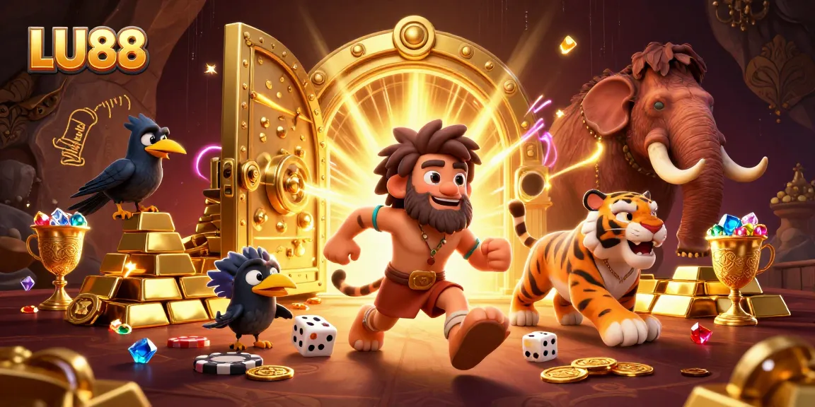 LU88 caveman and sabertooth tiger hosting a lively casino with treasures and excitement.