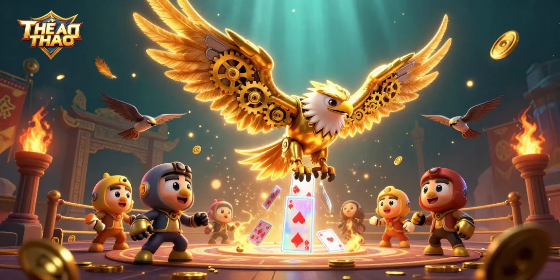 Dive into excitement with THỂ THAO as the eagle soars through a vibrant gambling scene filled with cards and tokens.