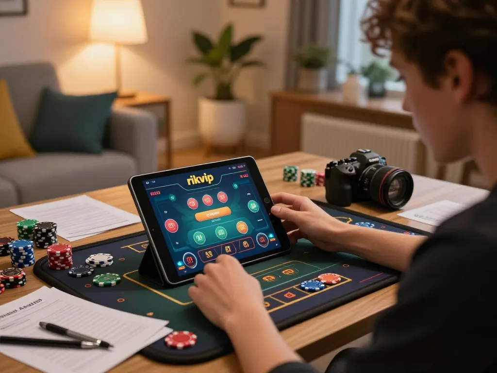Player enjoying dynamic gaming experience on rikvip online casino app, showcasing strategic moves and comfortable home setting.