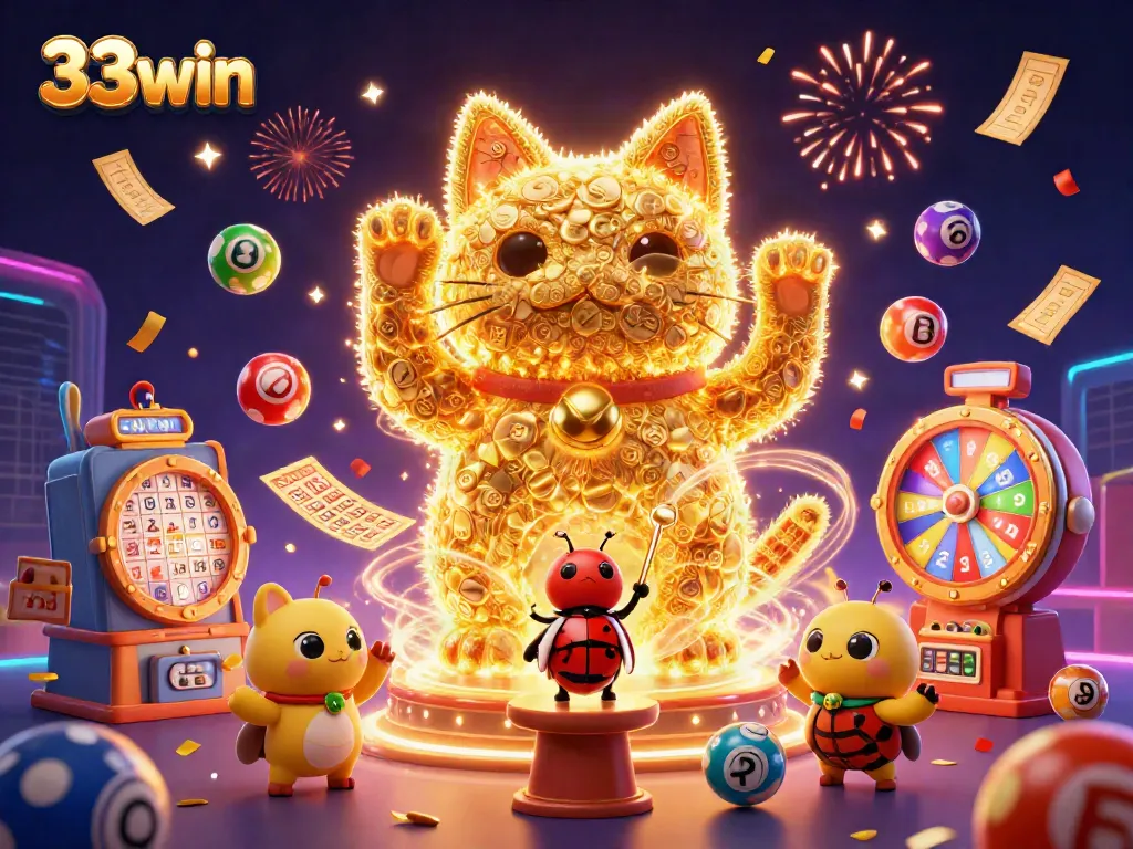 Engage in thrilling gaming moments at 33win with a vibrant, dynamic celebration scene featuring a lucky cat and casino symbols.