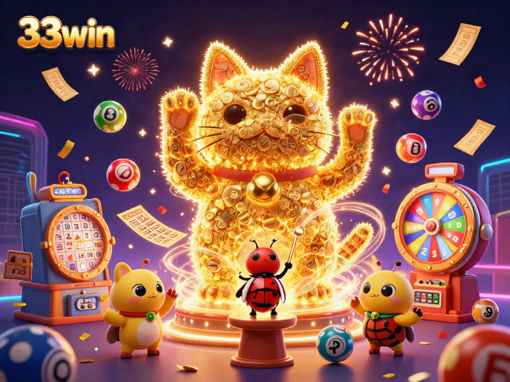 Engage in thrilling gaming moments at 33win with a vibrant, dynamic celebration scene featuring a lucky cat and casino symbols.