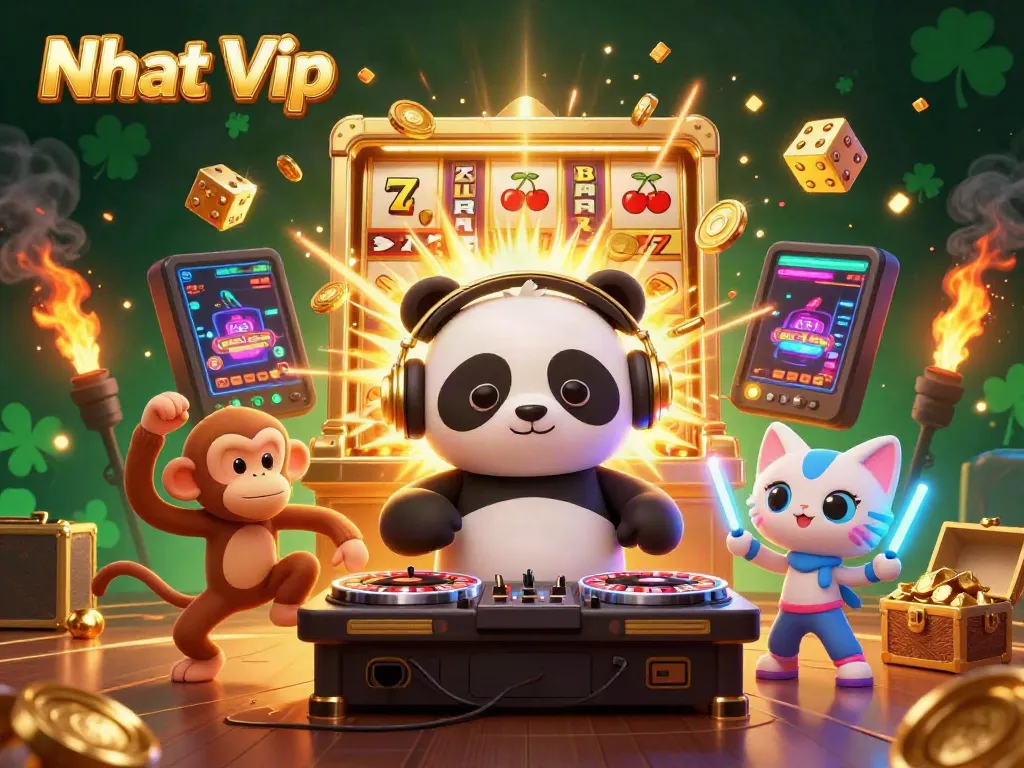 Nhat Vip showcases an energetic casino scene with a DJ panda, dancing monkey, and glowing kitten amid a jackpot explosion.