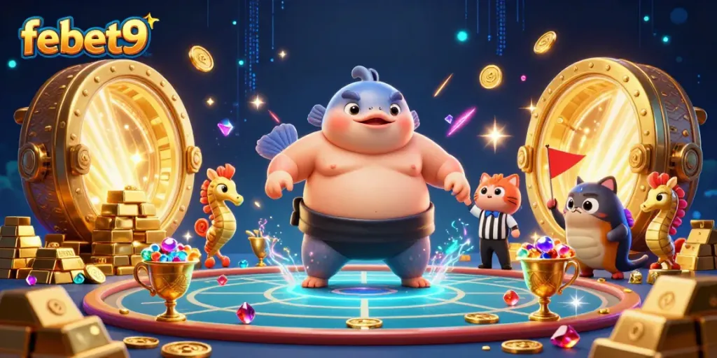 Experience the excitement of febet9 in a vibrant underwater casino scene with a fugu champion and catfish referee.