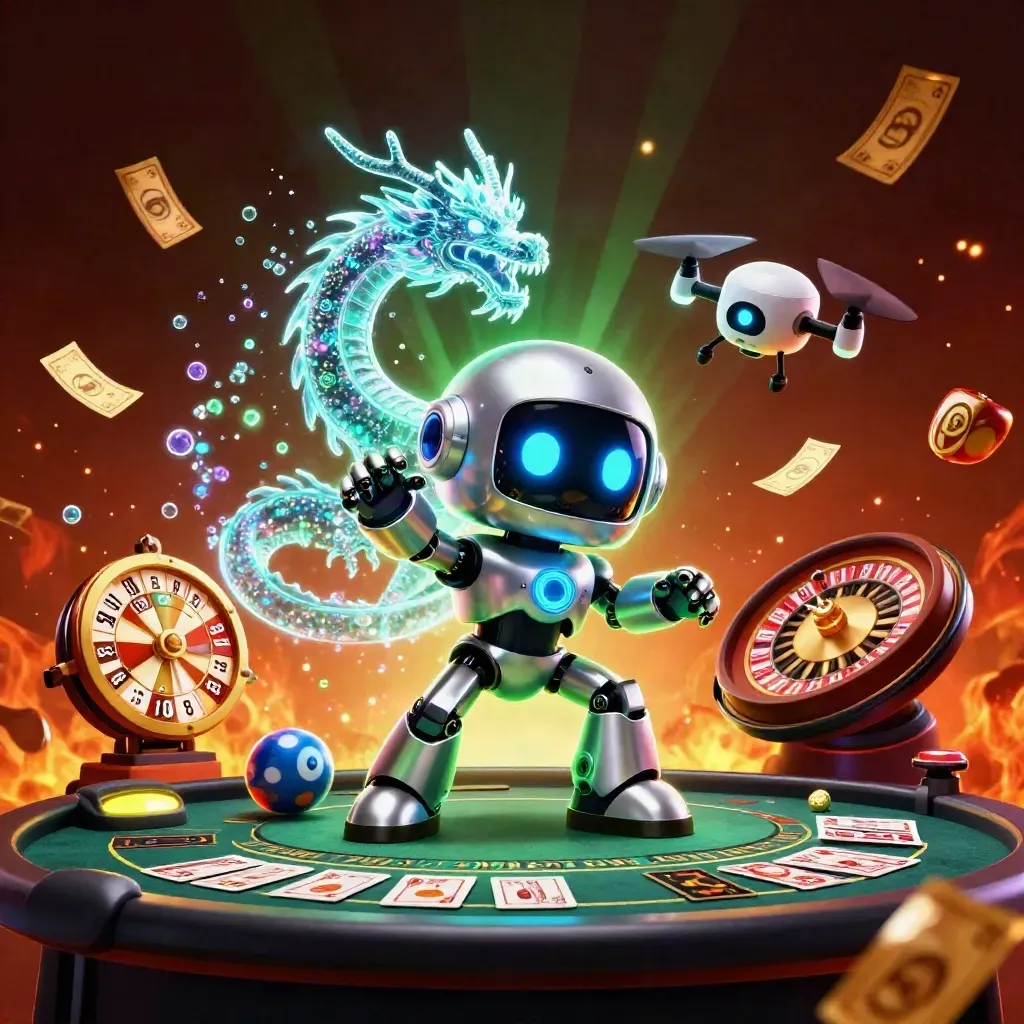 Cyberpunk robot, holographic dragon and drone amid casino treasures in neon-green cinematic chaos.