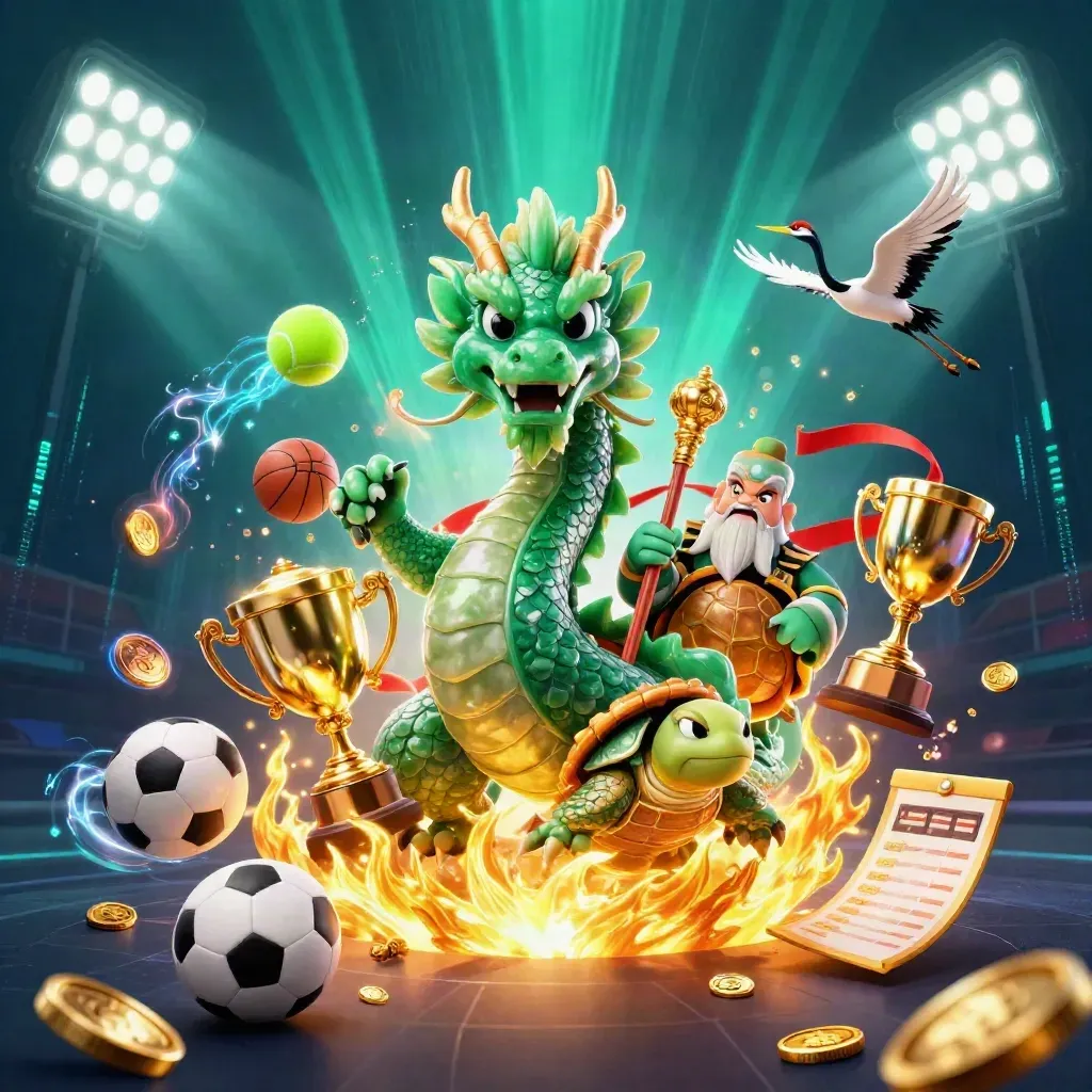 Dragon, turtle sage, and cranes amid flying sports balls, fire, coins, and neon casino lights.