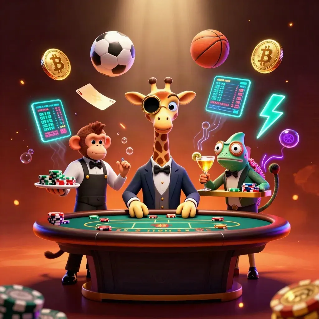 Giraffe, monkey, and chameleon at a neon VIP poker table with flying sports balls and crypto glow.