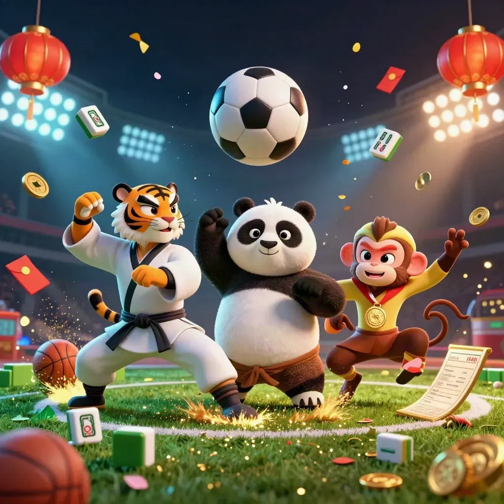 Tiger, panda, and monkey in a luxe sports-casino clash amid balls, coins, and lanterns.