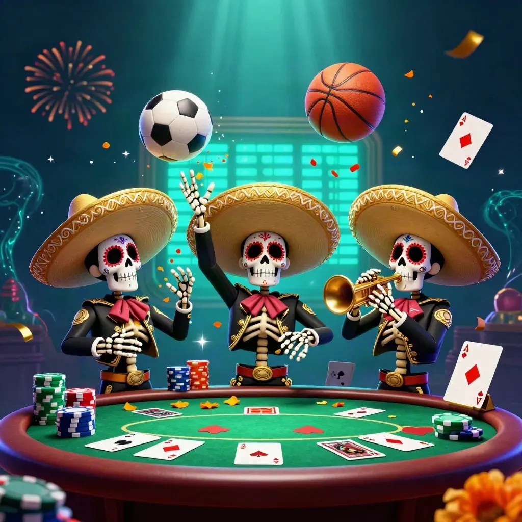 Skeleton mariachi trio around a poker table with chips, balls, and neon underwater light