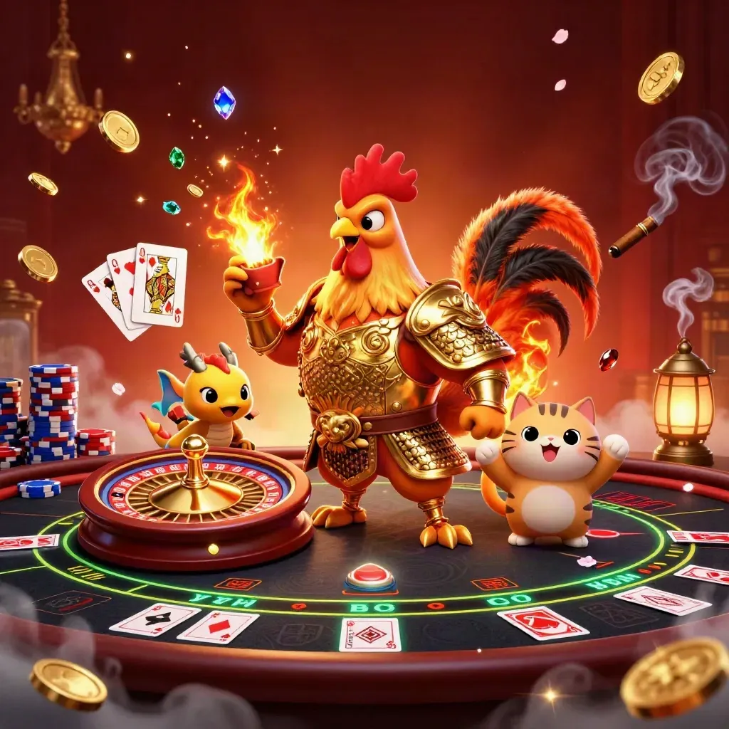 Rooster warrior, dragon hatchling, and fortune-cat amid casino riches and glowing cards