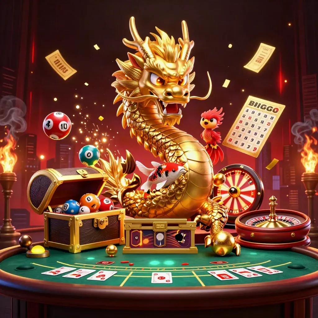 Golden dragon with phoenix and koi amid casino lights, balls, wheel, and glowing smoke.