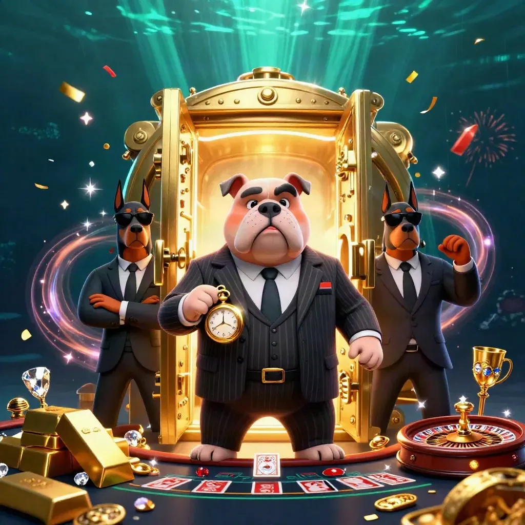 Bulldog boss and Doberman guards in a glowing casino vault with gold, gems, and neon light.