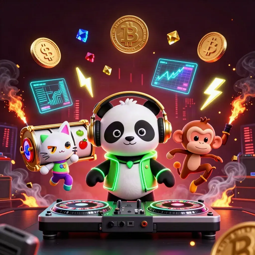 DJ panda, dancing monkey, and glow kitten amid neon coins, fire, and casino energy.