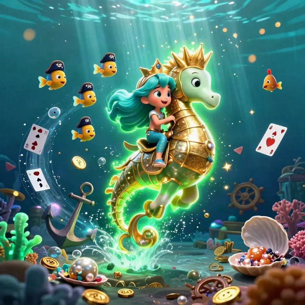 Mermaid princess on armored seahorse amid coins, cards, coral, and glowing treasure.