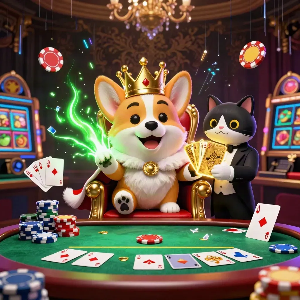 Royal corgi and cat butler amid poker chips, neon-green sparks, cards, and casino gold.