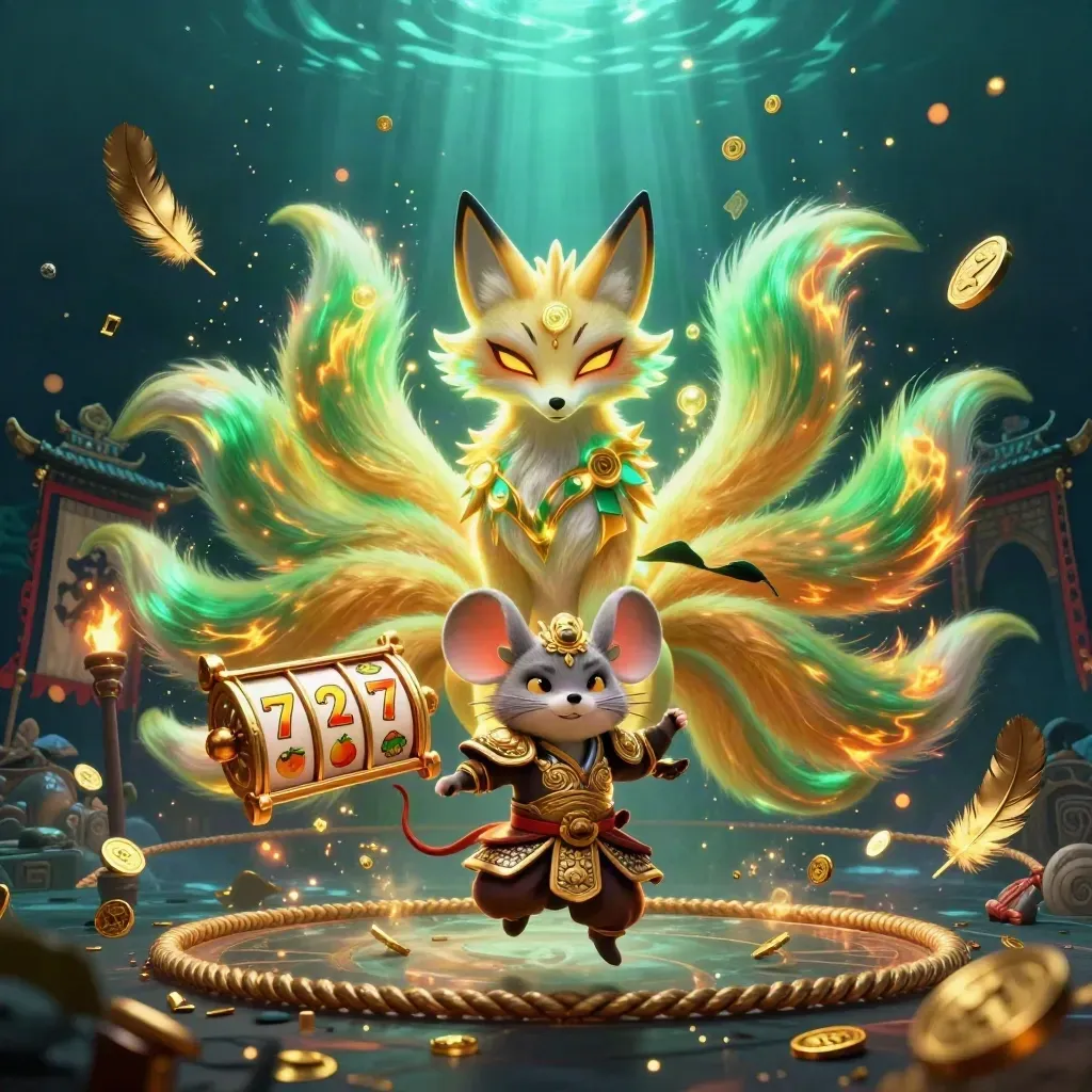 Fox spirit and golden mouse warrior amid casino treasure, neon glow, and temple ruins