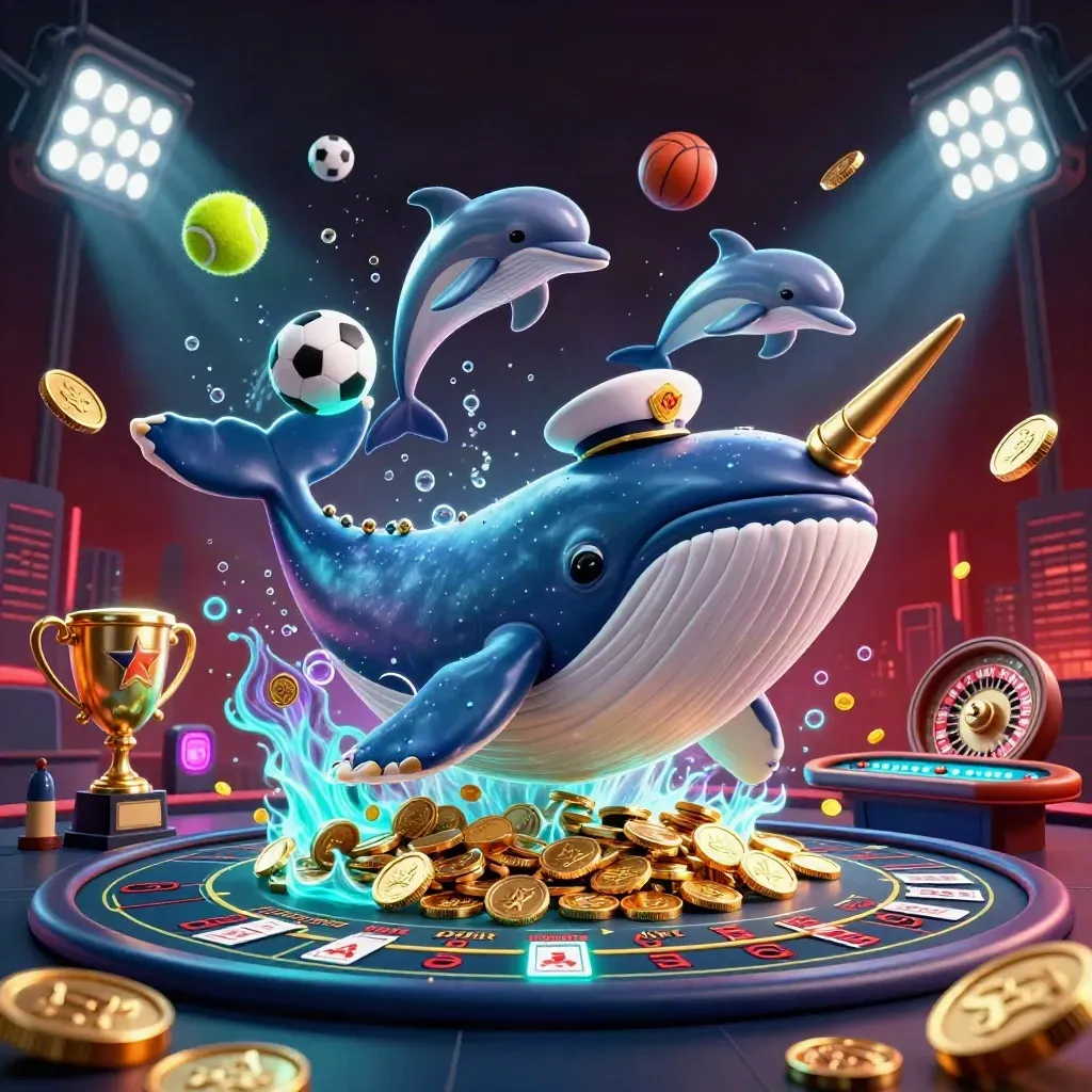 Whale captain, narwhal, and dolphins burst from coins with casino lights and sports props.