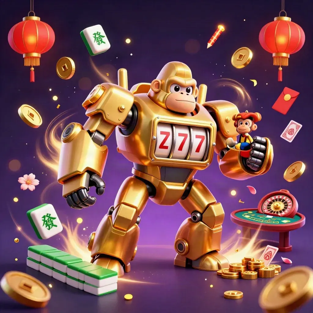 Golden gorilla mech with monkey pilot bursting from slot reels, coins, fireworks, and casino props