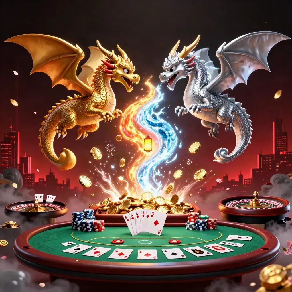 Twin gold and silver dragons in fire-and-ice yin-yang above casino chips, cards, and gold coins.