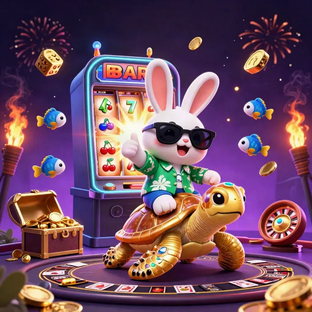 Lucky rabbit rides a golden sea turtle amid slot coins, fireworks, and casino symbols.