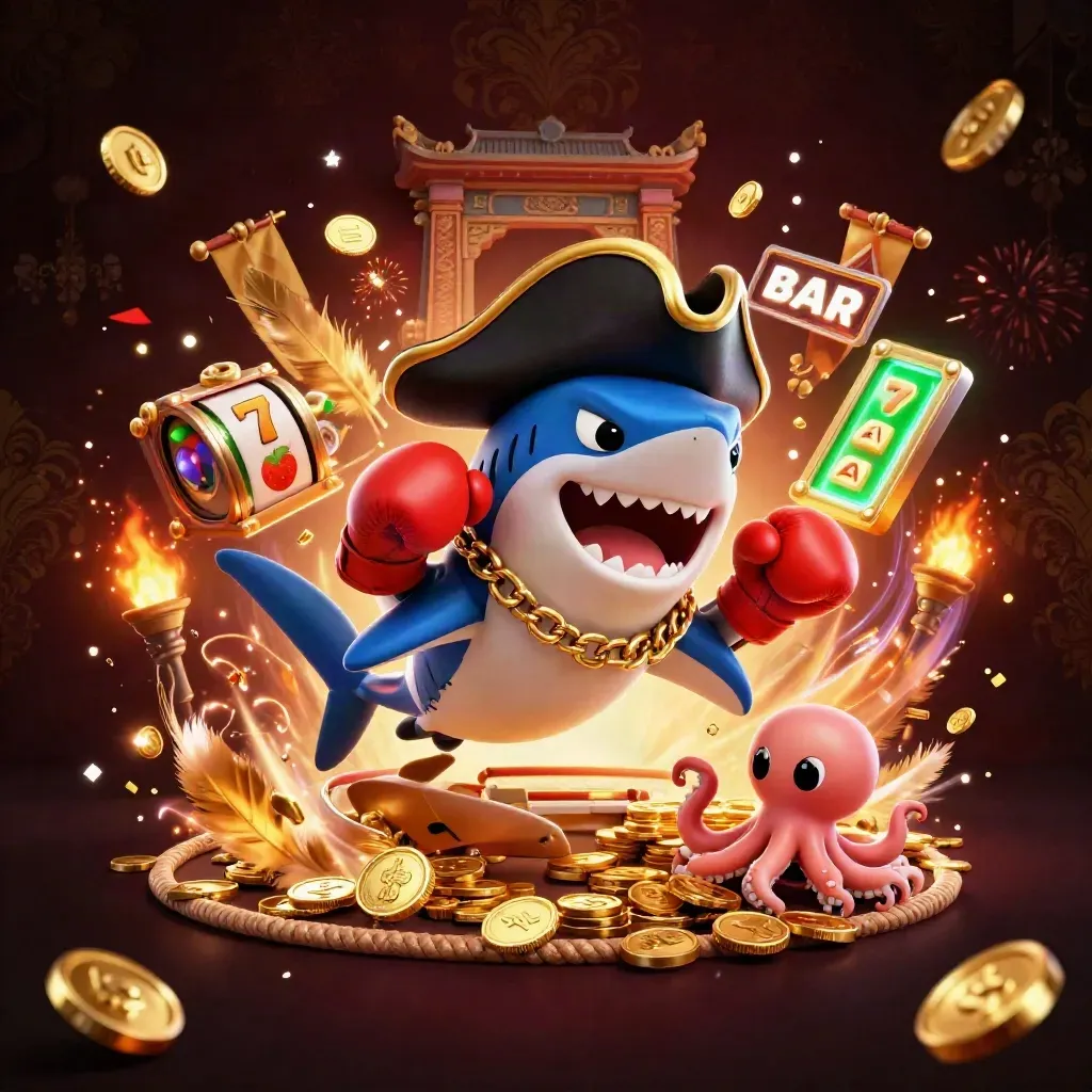 Pirate shark, boxing pufferfish, and coin-juggling octopus in a neon casino splash scene.